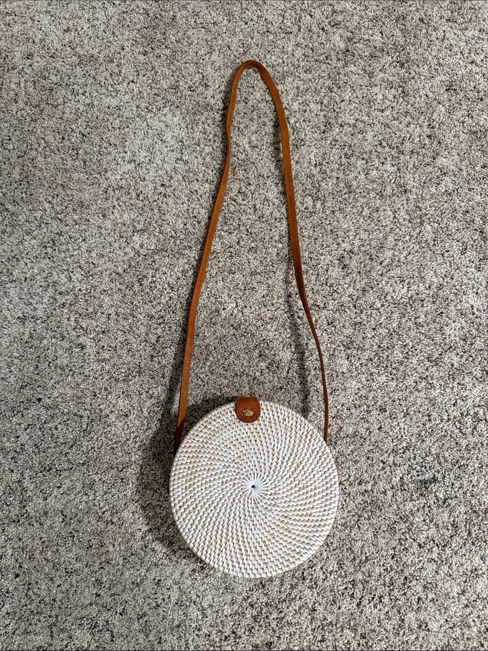 Round Woven Crossbody Bag with Tan Strap - White